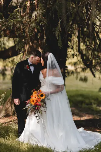 Bride and groom share a quiet sunlit portrait among the trees at Millbrook Lodge, Ballynahinch