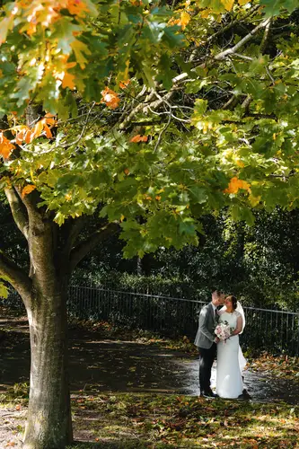 Bride and groom share a kiss under autumn trees at Stormont in Belfast, with soft dappled light and leaves around them